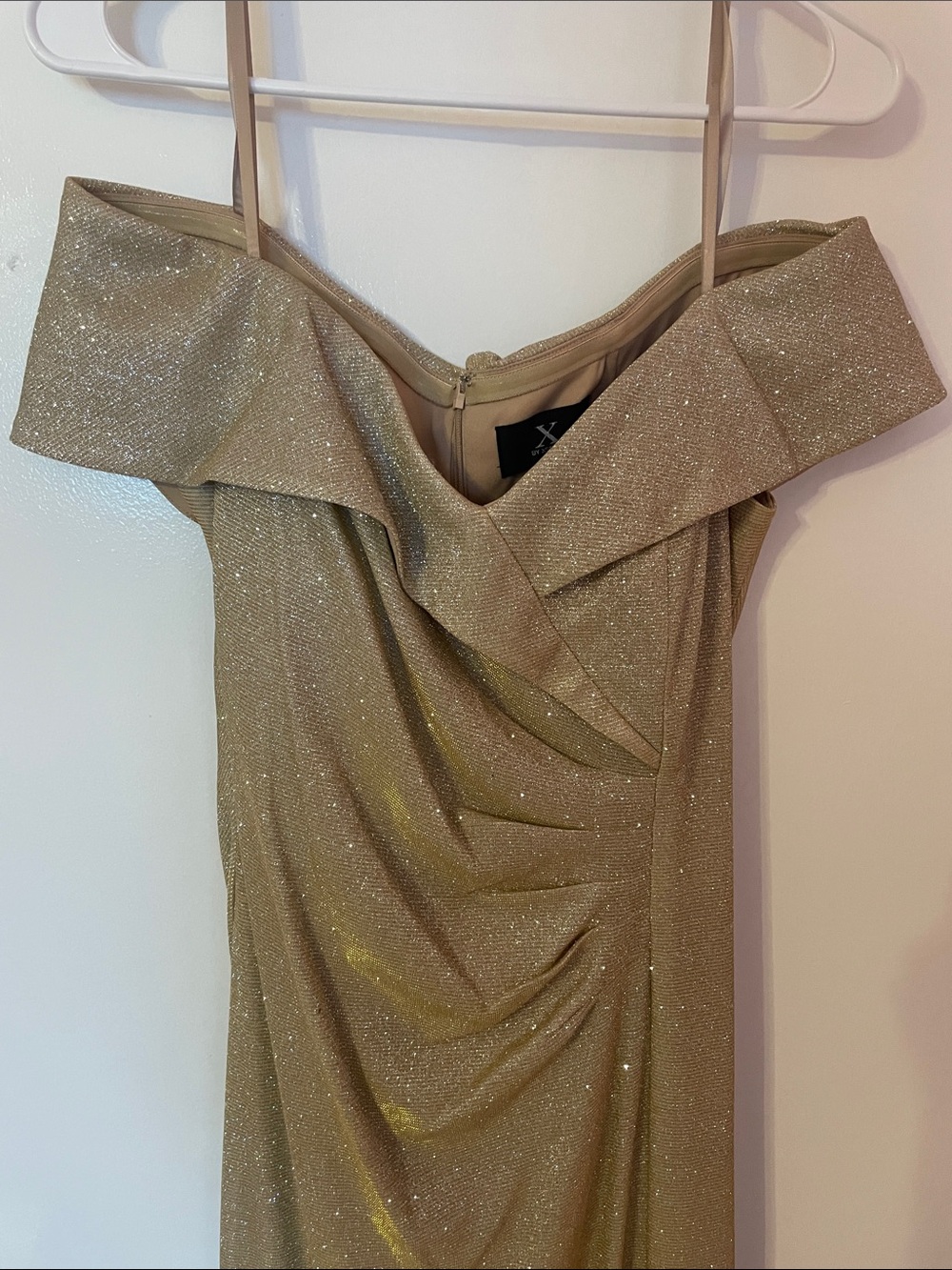 Xscape Gold Off-Shoulder Sparkle Gown